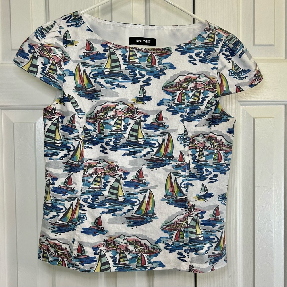 Nine West Linen & Cotton Blend Nautical Sailboat Side Zipper Cap Sleeve Top Sz 6